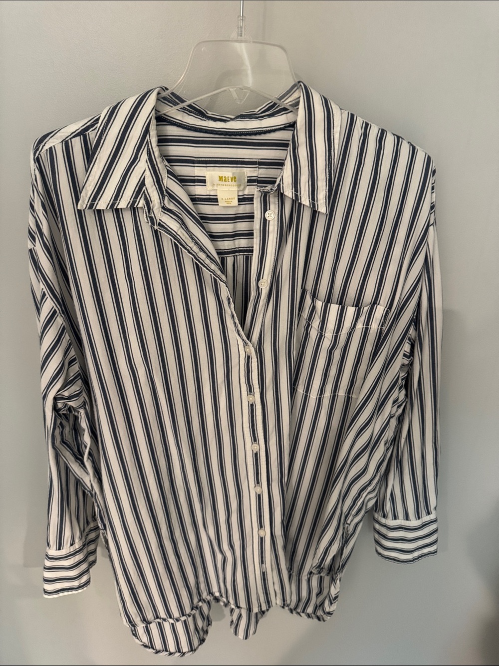 Maeve Navy and White Vertical Stripe Button-Down Shirt